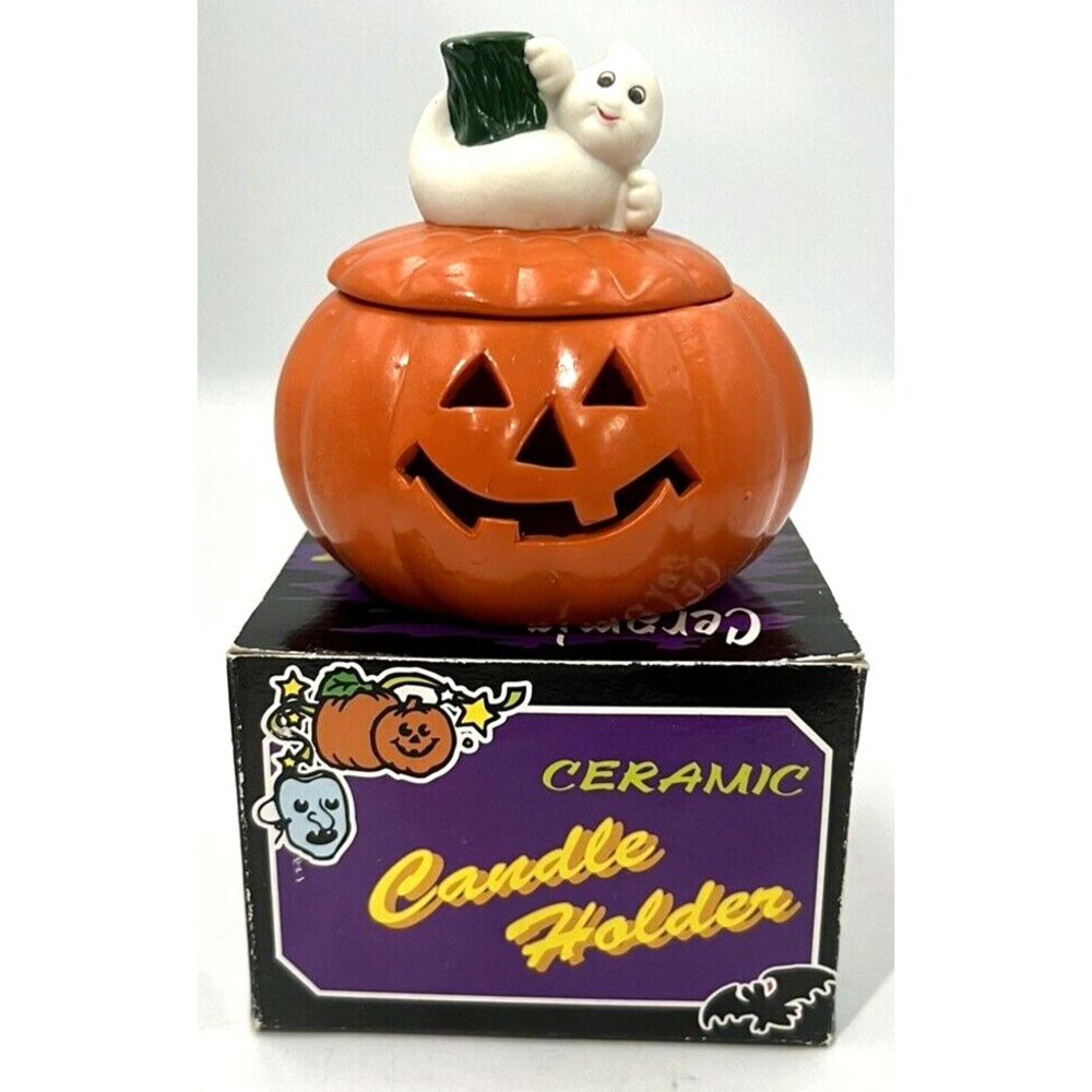 Vintage Ceramic Candle Holder Halloween Jack-O-Lantern Ghost Original Box VTG80s